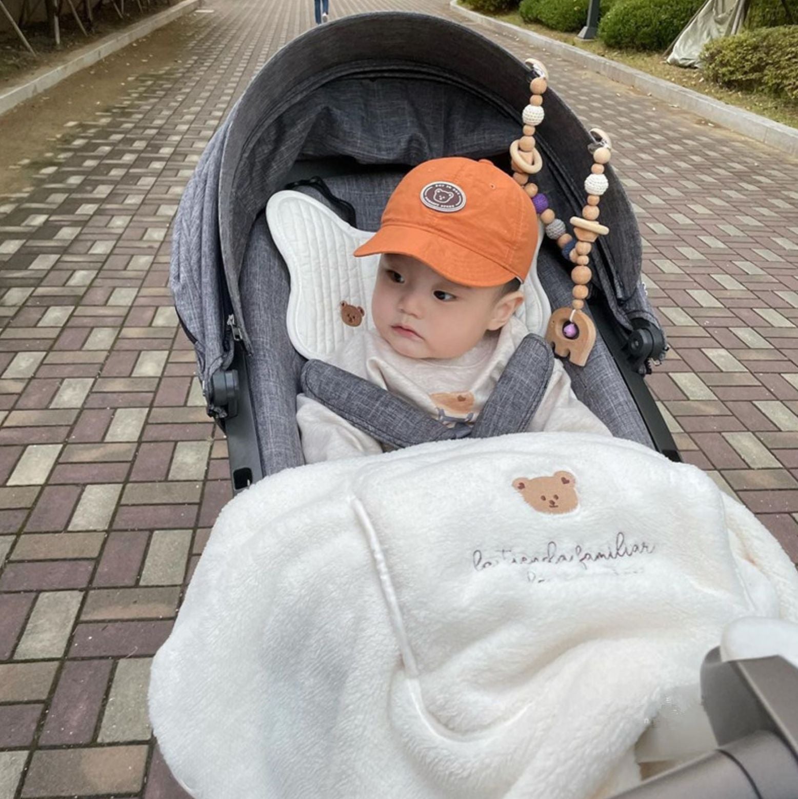 Embroidered Bear Baby Carrier Blanket, Windproof Stroller Warm Blanket, Portable Cover, Suitable for All Seasons